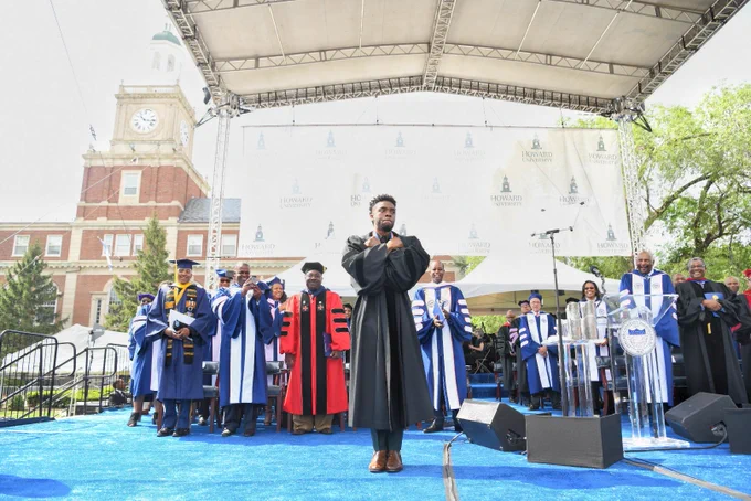Chadwick Boseman strikes the Wakanda Pose at Howard's 2018 Commencement