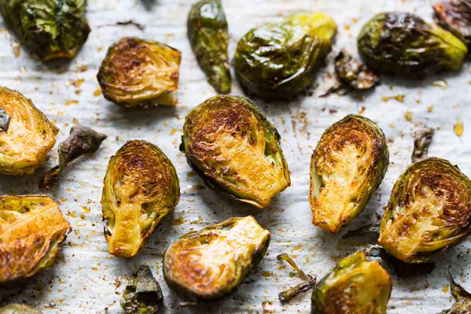 Roasted Brussels sprouts on a baking sheet