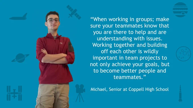 When working in groups; make sure your teammates know that you are there to help and are understand with issues.  Working together and building off each other is wildly important in team projects to not only achieve your goals, but to become better people and teammates"