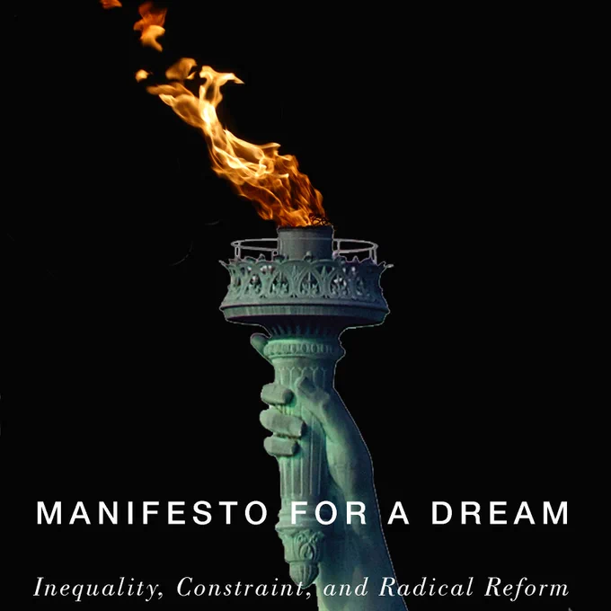 Book cover for Manifesto for a Dream, showing Statue of Liberty torch with a lit flame