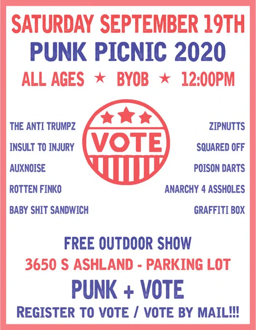 PUNK VOTE – PUNK PICNIC 2020
CHEERS EVERYONE!!! 
Outdoor show this Saturday!! This a FREE SHOW, ALL AGES, BYOB and bring your own food!!
As previously announced, we are finally happy to hit the stage this Saturday. It has been since mid-March that we have played on any stage. Since then, we have been working on new songs and have been selling many copies of “We the People” which are still on sale in person or online. 
We are also happy to announce that we will have a Register to Vote booth during our event with an actual voter registrar. This is for those who have not had the chance to register to vote and/or to register to vote by mail. So, bring your masks and let’s do our part by promoting this event to all communities in the Chicagoland area. 
Our message to everyone is, “We’ve had enough of the inequalities” and it is time to make our voices heard and known. 
Thank you and Cheers!!!
Squared Off – Tony, Noam, Jo & Fabian
