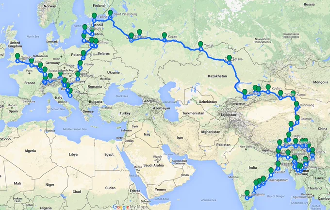 Our route from London to Bangalore