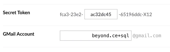 Screenshot of two use cases for the property editor - a secret token (middle part) and a GMail address where you need only specify the usename part.