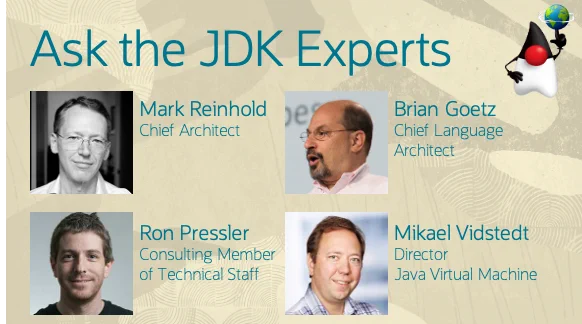 Picture shows the 4 panelists for the "Ask the JDK Experts" session: Mark Reinhold, Brian Goetz, Ron Pressler, and Mikael Vidstedt
