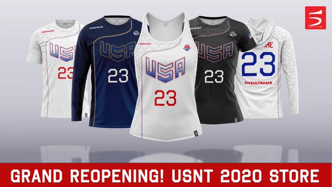 Text reading: Grand Reopening! USNT 2020 Store. Five assorted jerseys.