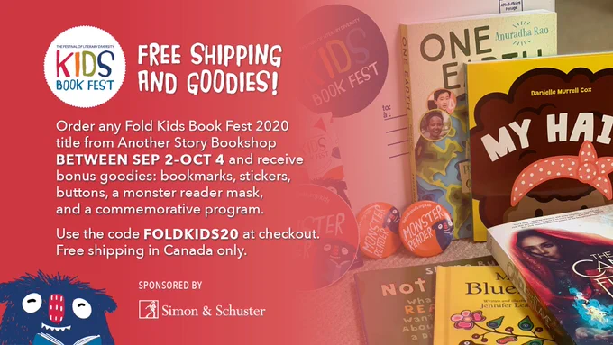 A graphic advertising the free shipping promotion for book purchases at the 2020 FOLD Kids Book Fest.