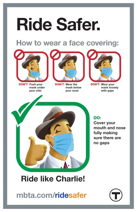 A flyer showing the MBTA Charlie mascot and the do's and don'ts of wearing a face covering. Don't push your mask under your chin; don't wear the mask below your nose; don't wear your mask loosely with gaps. Do cover your mouth and nose fully making sure there are no gaps.