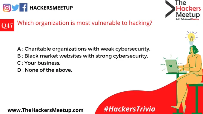 "Hackers Trivia" - Quiz Mania for Cyber Security Geeks."
Participate in 100 days of Cyber Security Quiz Competition for fun, test your knowledge, proficiency and stand a chance to get featured & win exciting prizes. So hold your breathe and don't miss out any questions.
You can also Participate in quiz at Instagram and LinkedIn.
Drop your answer in Comment.
#HackersTrivia #THMIndia #THMJuly2020 #TheHackersMeetup #HackFromHome #LearnFromHome #KeepHacking #THMExperts #EthicalHacking #CyberSecurity #SecurityVue #HackerSociety #MakingInternetSafe