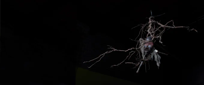 Silencing the Roots (View 1), 2017. Tree roots, African mask, fencing foil, twine, and wire. Fredrik and Erin Brauer. Courtesy of Marlborough, New York.