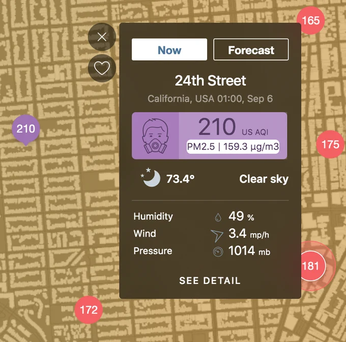 zoomed in aqi map of central sf with red sensors and purple in the mission, detailed description says NOW 24th street, 1:00, sep 6, 210 US AQI. PM2.5 159.3 ug/m3, 73 degrees, clear sky