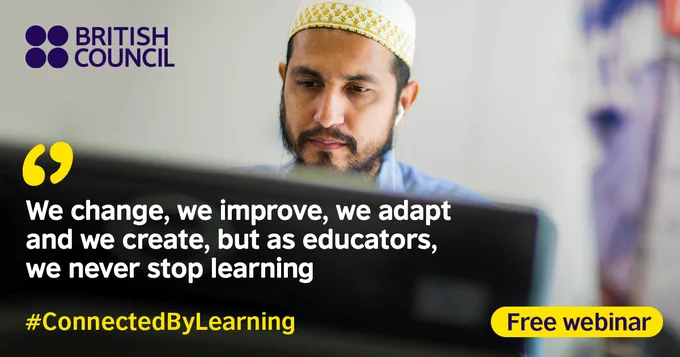 Man sitting at computer. Image advertises British Council free webinar