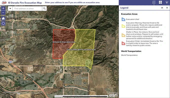 Image of webpage map in the area of the El Dorado Fire near the communities of Yuciapa, Oak Glen and Cherry Valley. This map image is an example for display purposes. To determine if your address is within an evacuation area, Riverside County residents can use the interactive map at www.RivCoReady.org/ActiveEvents.