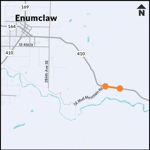 A map of the city of Enumclaw showing SR 410 closed between SE Mud Mountain Road and FS Rd #209