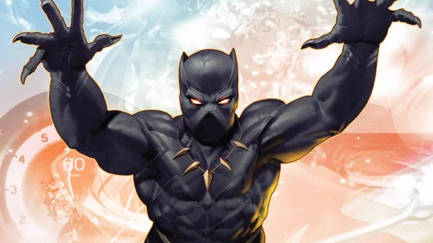 Ilustração do herói Pantera Negra em posição de ataque durante um salto. Ele é musculoso, seu corpo é inteiramente coberto pela vestimenta preta e suas garras são afiadas. Fim da descrição de imagem.