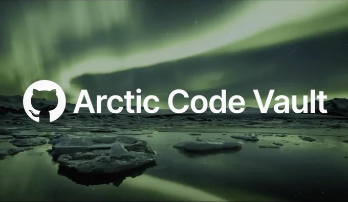 Github arctic code vault text and GitHub logo over an image of the aurora borealis
