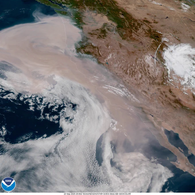 satellite view of wildfire off the coast of washington and oregon