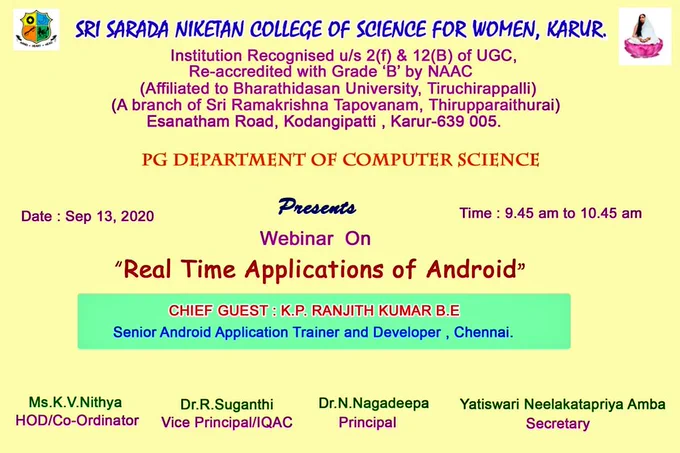Delivering a Webinar on Android Development for Sri Sarada Niketan College of Science for Women, Karur - 639 005. 

Super proud to deliver a webinar to institution with spiritual values, where Swami Vivekanandar one of my greatest inspiration :)

As it's from my native place, added reason to Feel Proud and honored! ✨😇

#KPRanjith #AndroidManifester #androidtrainer #android #androiddevelopment #ssnc