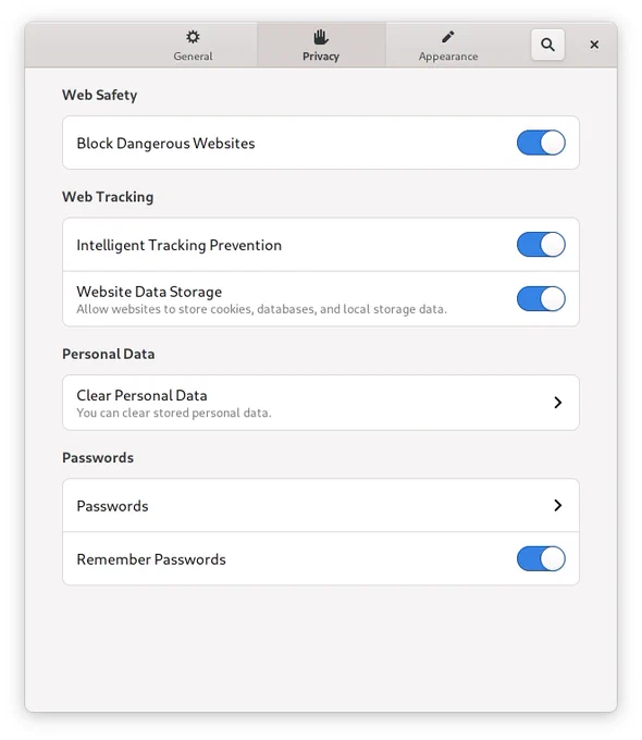 Screen capture of the “Privacy” tab of GNOME Web's preferences dialog for the upcoming 3.38 release. It contains an “Intelligent Tracking Prevention” setting.