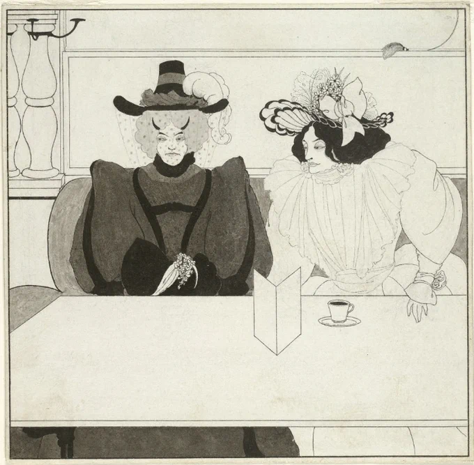 A black and white ink drawing of two women drinking coffee in a cafe