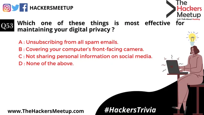"Hackers Trivia" - Quiz Mania for Cyber Security Geeks."
Participate in 100 days of Cyber Security Quiz Competition for fun, test your knowledge, proficiency and stand a chance to get featured & win exciting prizes. So hold your breathe and don't miss out any questions.
You can also Participate in quiz at Instagram and LinkedIn.
Drop your answer in Comment.
#HackersTrivia #THMIndia #THMJuly2020 #TheHackersMeetup #HackFromHome #LearnFromHome #KeepHacking #THMExperts #EthicalHacking #CyberSecurity #SecurityVue #HackerSociety #MakingInternetSafe