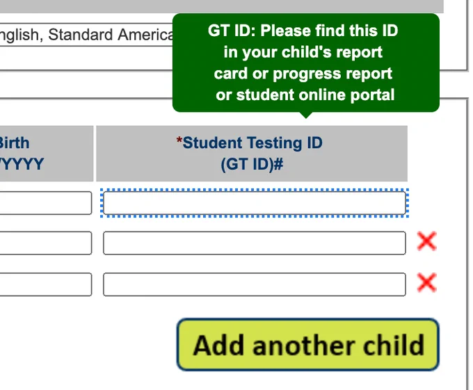 GT ID: Please find this ID in your child's report card or progress report or student online portal