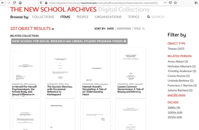 Screenshot of New School Archives Digital Collections database page displaying thumbnails of digital theses and associated metadata.