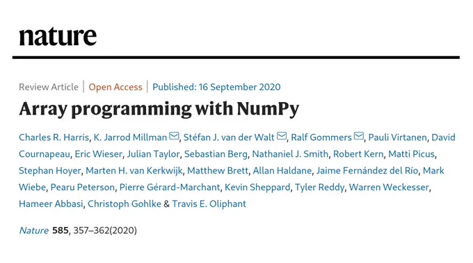 A screenshot of the NumPy article from the Nature homepage.