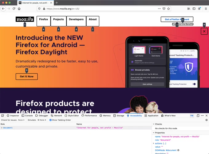 A screenshot of the tabbing order feature used on Mozilla website.