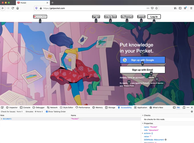 A screenshot of the tabbing order feature used on Pocket website.