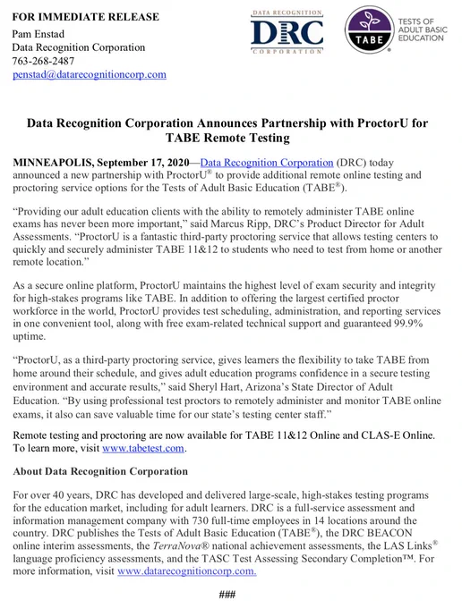 Data Recognition Corporation Announces Partnership with ProctorU for TABE Remote Testing Press Release