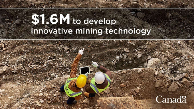 Two workers on an outdoor mining worksite, with text “$1.6M to develop innovative mining technology”