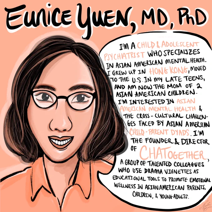 Cartoon drawing of a woman. 

Biography: 
Eunice Yuen, MD PhD, is a Child and Adolescent Psychiatrist who specializes in Asian American mental health. Dr. Yuen grew up in Hong Kong, moved to the US in her late teens, and is now the mother of two Asian American children. Her unique background ignites her academic interest in Asian American mental health and the cross-cultural challenges faced by Asian-American child-parent dyads. Dr. Yuen is the founder and director of CHATogether. She leads a group of talented colleagues to use drama vignettes as educational tools to promote emotional wellness in Asian-American children, young adults, and parents. 
