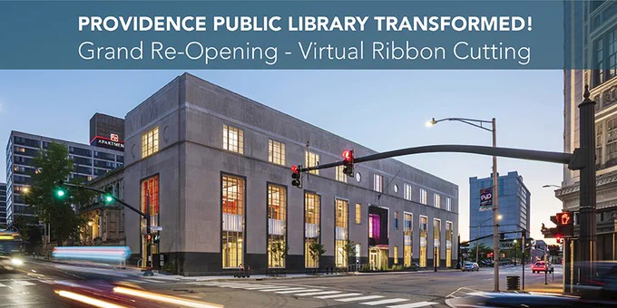 Exterior photograph at dusk of the renovated Providence Public Library in downtown Providence, Rhode Island.
