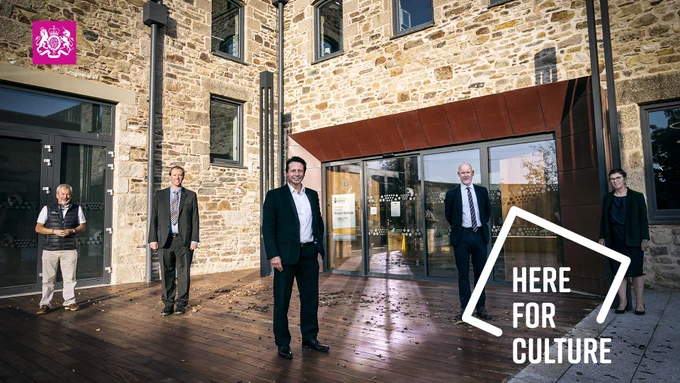 Group photo in Redruth, Cornwall.
Left to right: 
Malcolm Bell (CEO of Visit Cornwall)
Nigel Huddleston, Minister for Sport, Heritage and Tourism
Ross Simmonds, Head of Region, Historic England
Kate Kennally, Chief Executive, Cornwall Council
