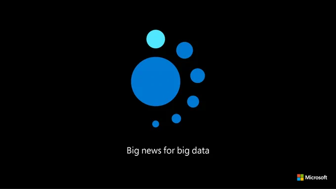 Black background with white text reads: "Big news for big data" above is a blue circle with smaller blue circles around the right side of it.