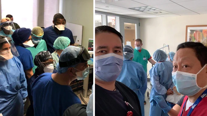 Side-by-side photos of health care workers.
