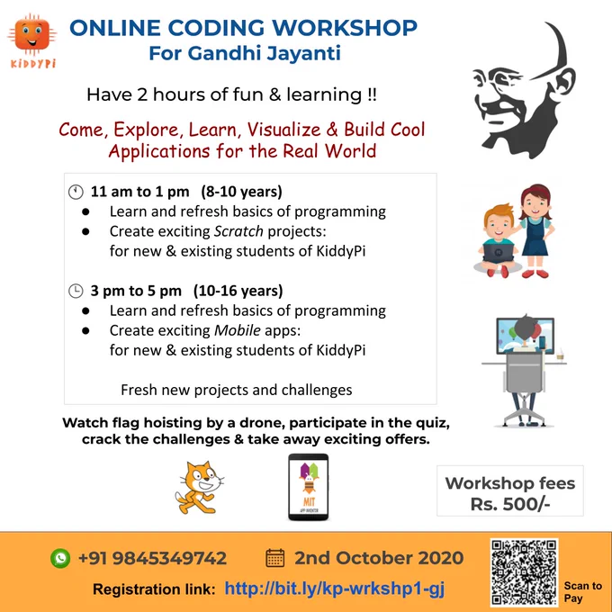 Online coding workshop on Oct 2nd, 2020. Avail Gandhi Jayanti discounts. 2 batches- a morning batch & an afternoon batch.