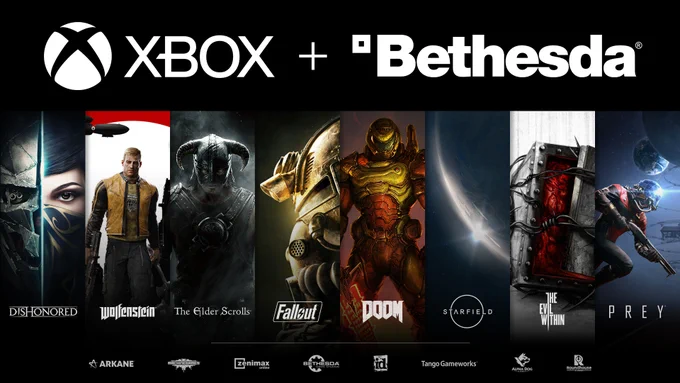 Xbox   Bethesda. Key art for various Bethesda franchises including Dishonored, Wolfenstein, The Elder Scrolls, Fallout, DOOM, Starfield, The Evil Within, and Prey. Studios listed across the bottom of image include: Arkane, MachineGames, Zenimax Online Studios, Bethesda, id Software, Tango Gameworks, Alpha Dog Games, and Roundhouse Studios