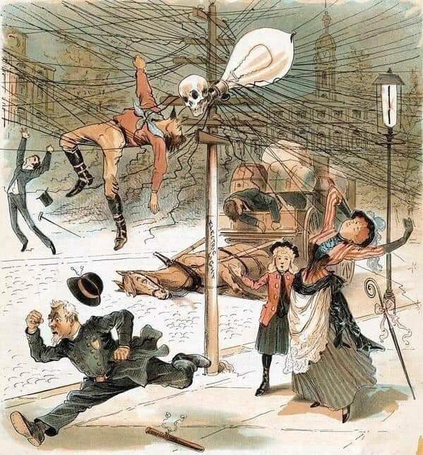 Image du début du XXème siècle montrant des personnes en détresse ou en train de mourir à cause de l'électricité.