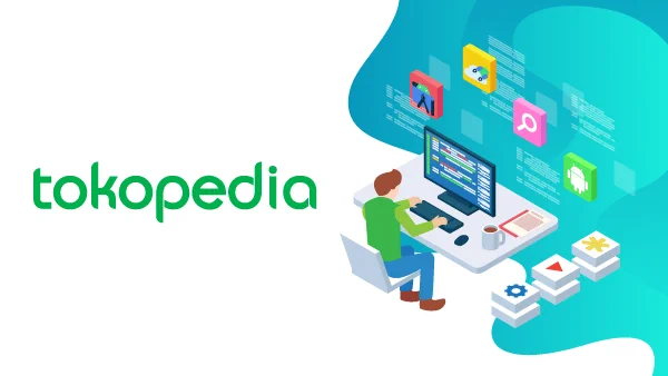 Illustration of person working, with Tokopedia logo