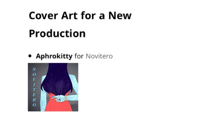 Text reads: cover art for a new production aphrokitty for Novitero. A small image of the Novitero album art is posted below of the back of a blue skinned woman in a red dress crossing her fingers