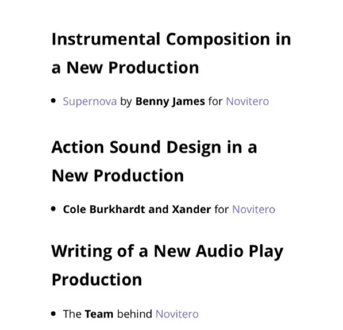 Text reads: instrumental composition in a new production supernova by Benny James. Action sound design in a new production Cole Burkhart and Xander for Novitero. Writing of a new audio play production the team behind Novitero.