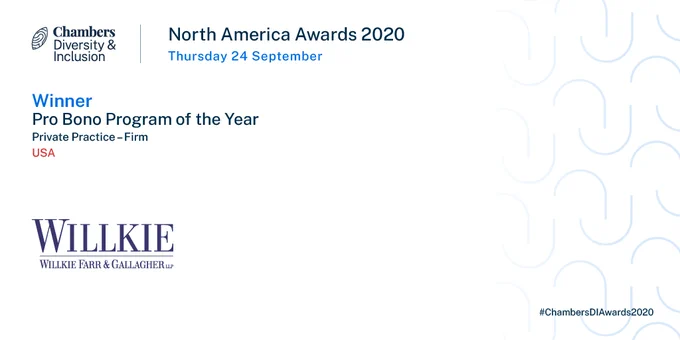 Chambers Diversity & Inclusion Awards: North America 2020 Pro Bono Program of the Year – Private Practice Firm 