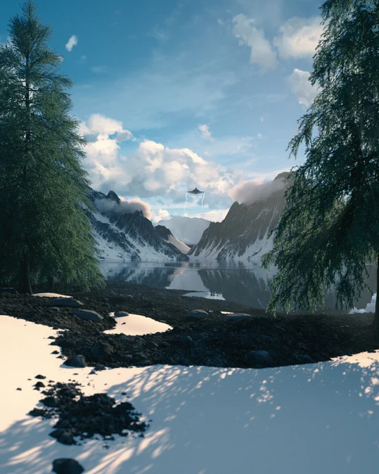 F-35 flying through a CGI landscape.