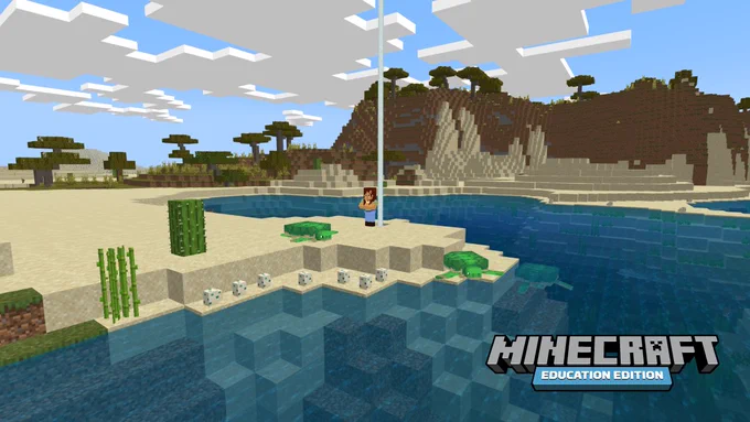 A person stands next to a beacon near some sea turtles on a seashore in Minecraft: Education Edition.