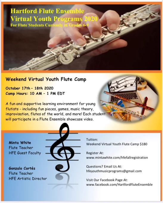 For flute students grades 6-9: Register now for the HFE Weekend Virtual Youth Flute Camp!   http://www.mintawhite.com/hfefallregistration