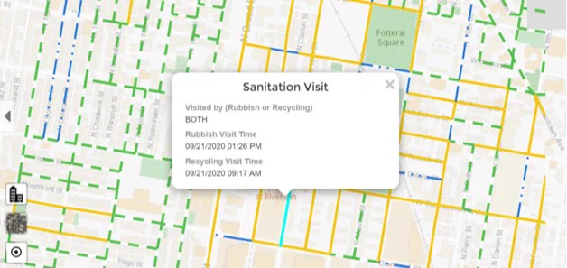 the new web map with a pop up that shows a sanitation visit having happened on a specific street with time and date of collection