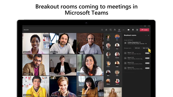 Text reads “Breakout rooms coming to meetings in Microsoft Teams” across the top, in black on a white background. Image of a Microsoft Teams meeting with nine callers  video screens on the left side of the screen, additional participants icons showing in a panel to the right, with a final panel on the right showing the different breakout rooms in a list