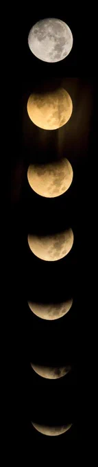 A composite of seven images shows the full Moon at perigee, or supermoon, during a total lunar eclipse