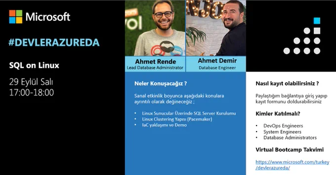 Devler Azure'da
SQL on Linux
29 Eylül Salı 
17:00 - 18:00